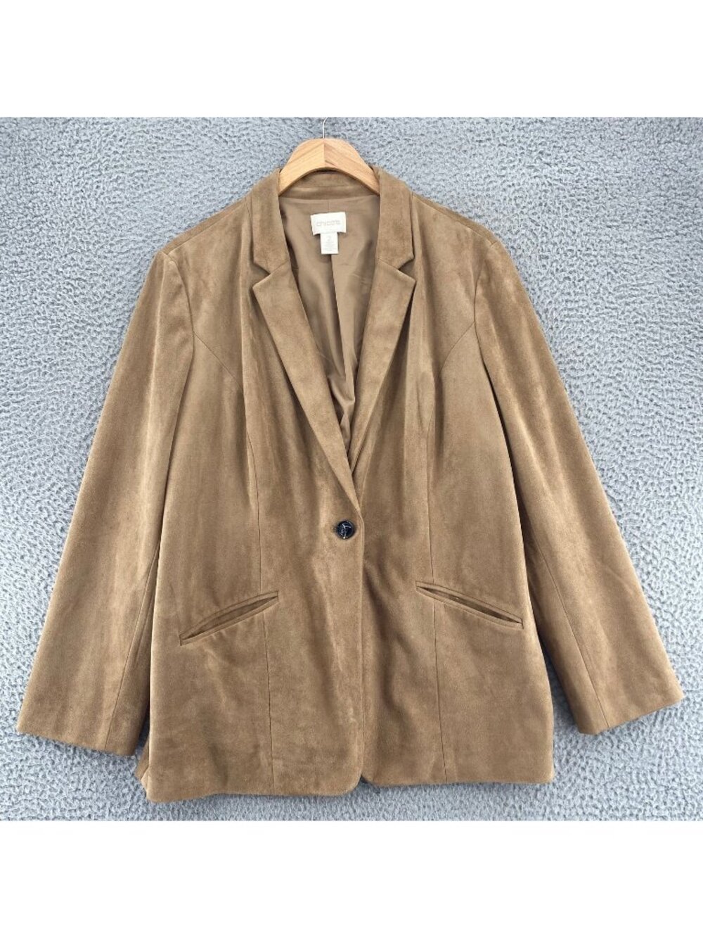 Chicos Blazer Women 2 US Large Beige Faux Suede Notch Lapel Jacket Pocket Career